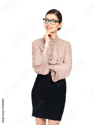 Photo: beautiful happy woman in glasses and shirt with black skirt beautiful happy woman in glasses and shirt with black skirt