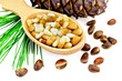 Nuts of cedar  in a wooden spoon and a bump