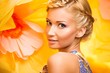 Beautiful young blond woman in colourful dress 