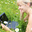 mit netbook auf der blumenwiese