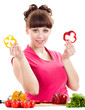 Foto: Beautiful young girl with pepper on white background. Beautiful young girl with pepper on white background.