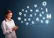 Young woman typing on smartphone with high tech 3d letters commi