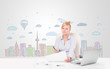 Pretty businesswoman with colorful city sky-scape background