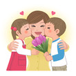 Vector: 母の日 Boy and girl kissing mom 母の日 Boy and girl kissing mom
