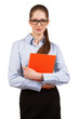 Stylish woman with orange diary in hand
