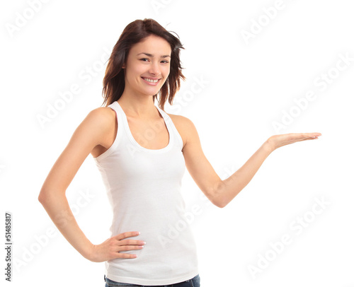 Photo: Very happy beautiful woman looking at your product Very happy beautiful woman looking at your product