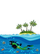 Diver swimming underwater near the island