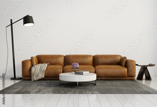 Illustration: Contemporary elegant living room, leather sofa, white wood floor Contemporary elegant living room, leather sofa, white wood floor