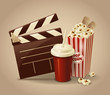 Cinematography. Movie clapperboard, popcorn and cola