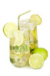 Glasses of cocktail with lime and mint isolated on white