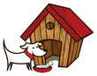 dog with bone in front of dog house