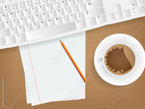 Illustration: Desk concept with a blank paper Desk concept with a blank paper