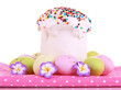 Easter cake with sugar glaze and eggs isolated on white