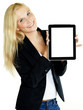 Photo: Business woman presenting her tablet pc with copyspace Business woman presenting her tablet pc with copyspace