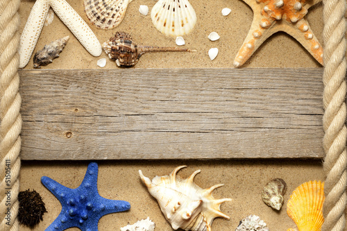 Photo: Starfish and shells on beach and board background concept Starfish and shells on beach and board background concept