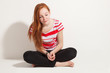 portrait of cute redheaded girl, isolated on white background
