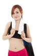 young woman ready for workout stand with yoga mat