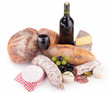 composition with wine, bread,cheese and sausage