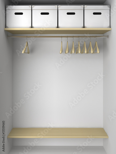 Illustration: Empty wardrobe with hangers and boxes Empty wardrobe with hangers and boxes