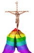 Old woman with catholic crucifix, isolated, rainbow flag pattern