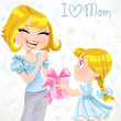 Daughter gives mom a gift for Mother's Day on doodle background