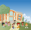 Group of happy cartoon children in front of school