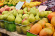 close up of pears on market stand