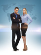woman and man with world map