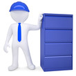 3d man in a hard hat next to a metal cabinet