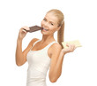smiling woman with dark and white chocolates