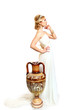 Beautiful young woman styled Greek with  amphora on white backgr