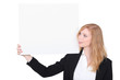 Photo: Woman in a suit with a board left blank for your message Woman in a suit with a board left blank for your message