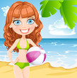Vector: Young girl with an inflatable ball on sunny beach Young girl with an inflatable ball on sunny beach