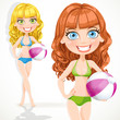 Vector: Cute young girl in a bathing suit with inflatable ball Cute young girl in a bathing suit with inflatable ball