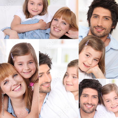 Photo: Collage of parents with little girl at home Collage of parents with little girl at home