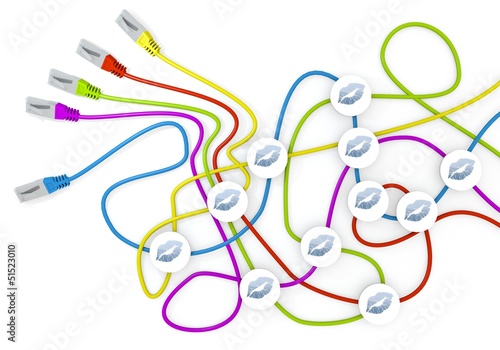 Illustration: 3d graphic of a friendly kiss icon nodes in network cable chaos 3d graphic of a friendly kiss icon nodes in network cable chaos