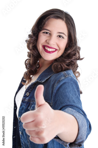 Photo: Junge lachende Frau isoliert in Jeans Junge lachende Frau isoliert in Jeans