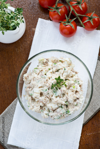 Photo: Smoked mackerel pate with eggs and herbs in glass bowl Smoked mackerel pate with eggs and herbs in glass bowl