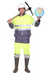 Labourer holding a globe and a pickaxe