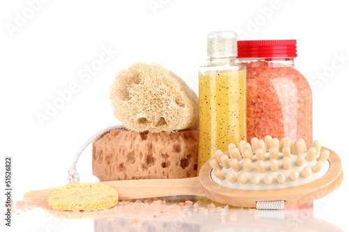 Photo: Cleanser, brush and cosmetics for shower isolated on white Cleanser, brush and cosmetics for shower isolated on white