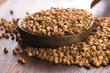 Buckwheat seeds on wooden spoon in closeup