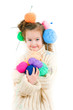 girl with knitting spokes and balls of threads in hair