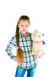 dissatisfied girl with a toy puppy an armpit