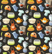 Seamless pattern with kitchen tools and cooking icons.