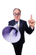 Funny man with loudspeaker on white