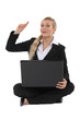 Blond businesswoman raising hand with question