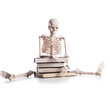 Skeleton with books isolated on white