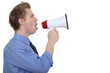 young businessman shouting in loudspeaker