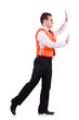 Businessman with rescue safety vest on white
