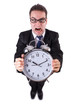 Funny businessman with gian clock on white